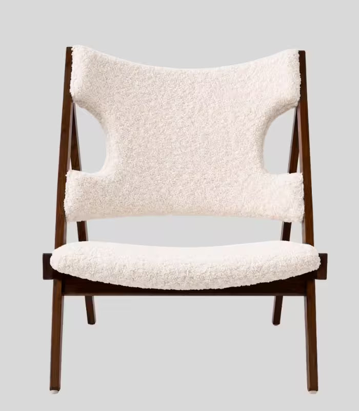 Knitting Lounge Chair — Mid-Century A-Frame in Ashwood & Ivory Boucle | Low-Slung Accent Chair