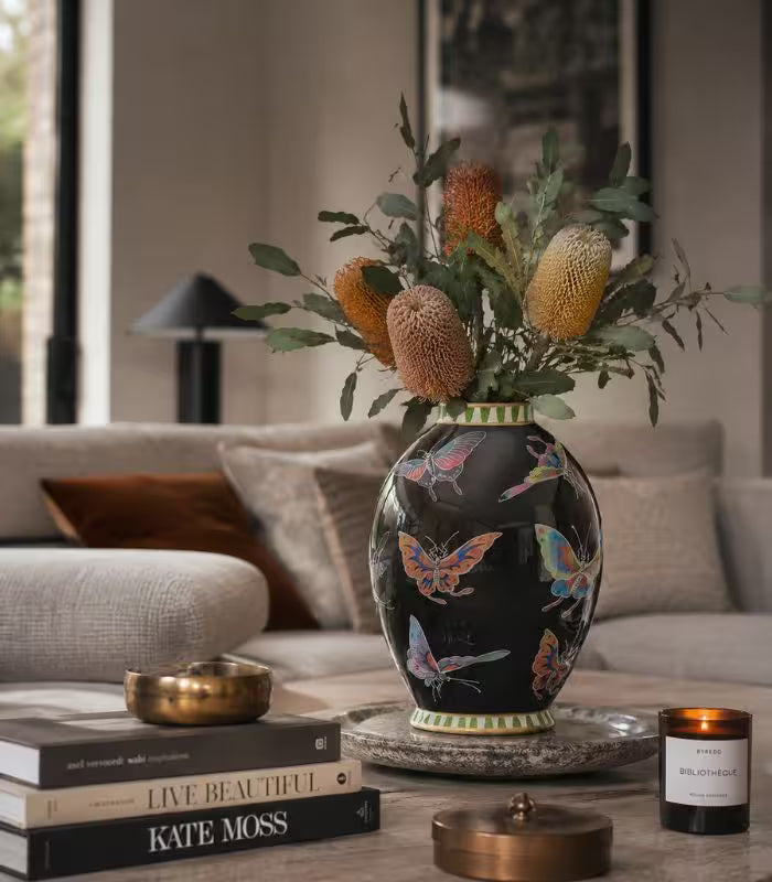 Danza Butterfly Hand-Painted Porcelain Vase – Black with Gold Trim