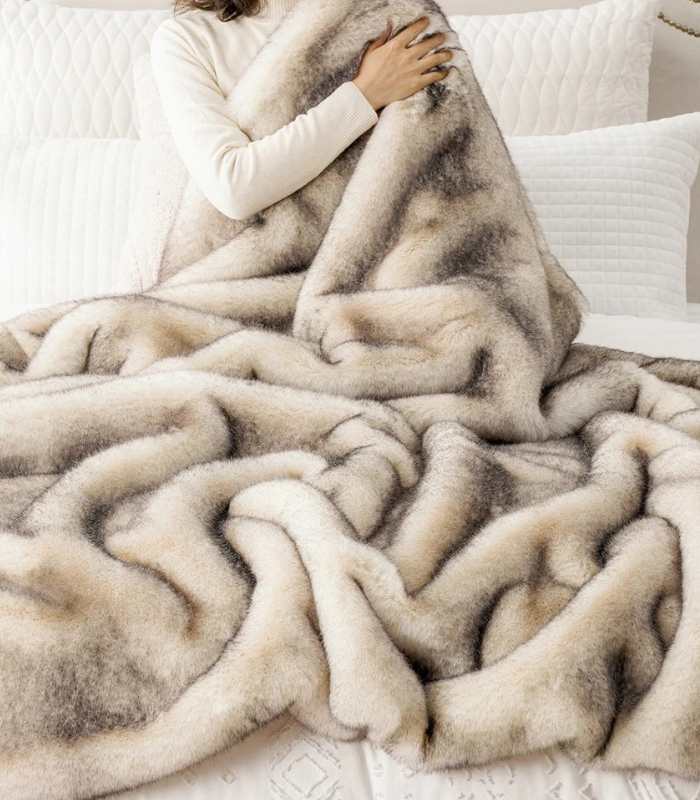 Faux Fur Blanket Throw Cream - Grey