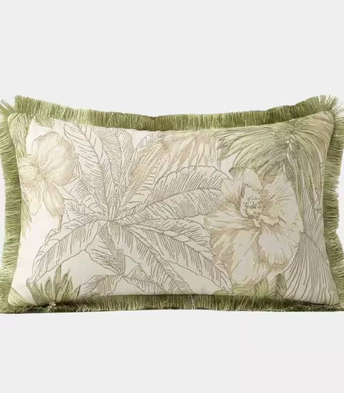 Palm Grove Jacquard Cushion Cover – Tropical Botanical Design with Fringe Trim