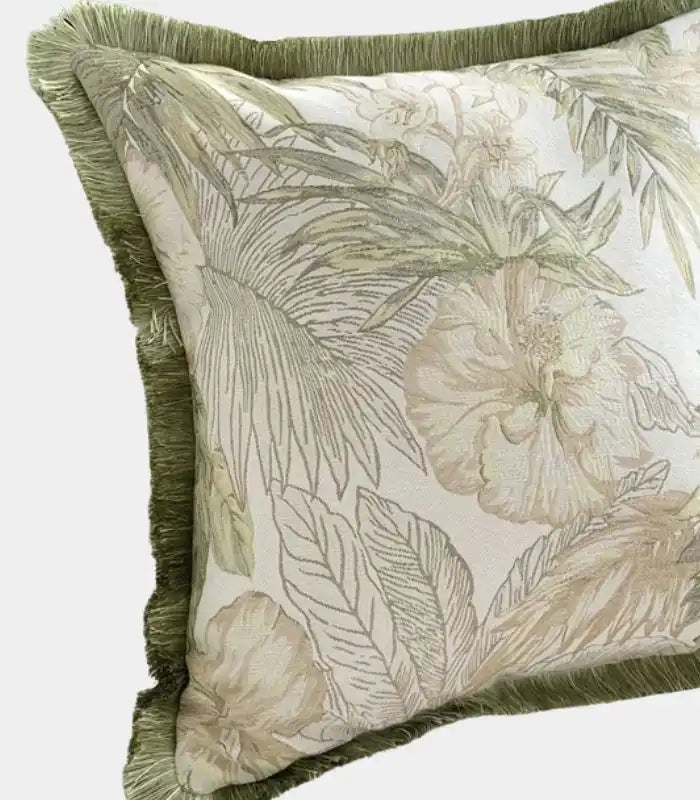 Palm Grove Jacquard Cushion Cover – Tropical Botanical Design with Fringe Trim