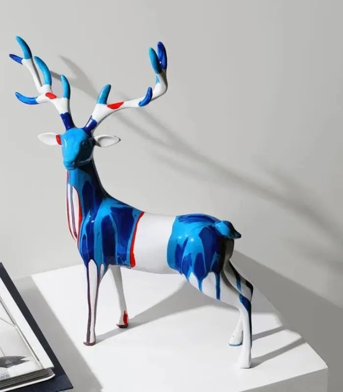 Set of 2 Reindeer Sculptures Blue & White Resin