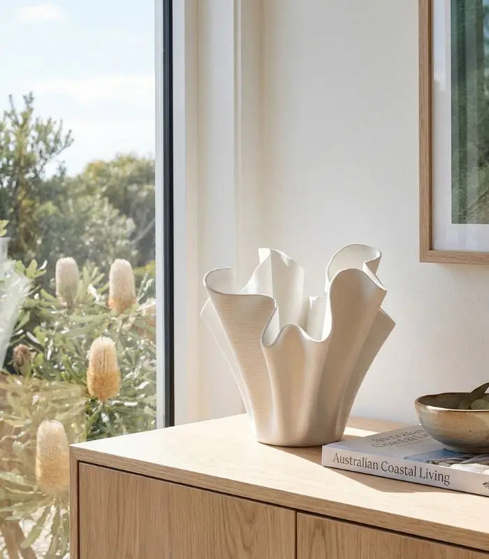 Textured Ribbon Ceramic Vase – Handcrafted Flowing Design