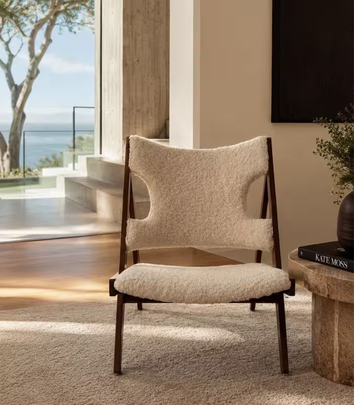 Knitting Lounge Chair — Mid-Century A-Frame in Ashwood & Ivory Boucle | Low-Slung Accent Chair