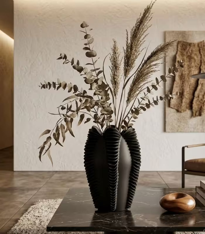 Elara Sculptural Wave Vase | Modern Ribbed Resin Decorative Vessel 28 cm