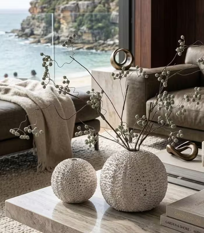 Riccio Handcrafted Ceramic Vase – Textured Spherical Form in Cream