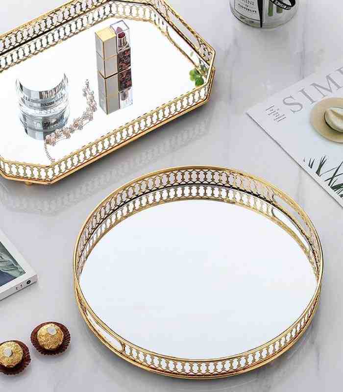 Vintage European Gold Mirror Metal Tray Round Mirror Tray