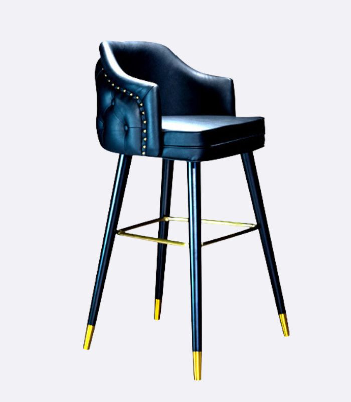 Modern Leather Bar Stool with Backrest and Gold Studs