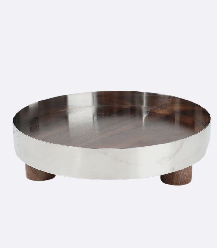 Tray Stainless Steel And Wood Walnut  Silver Brown