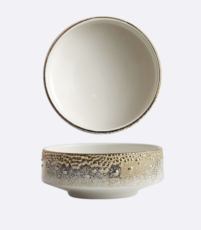 Japanese Style Ceramic Round Dinnerware Set in Gold and White Bowl