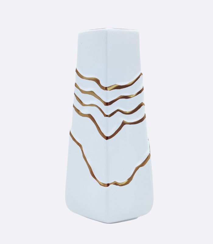 White Ceramic Vase with Gold Wave Detail
