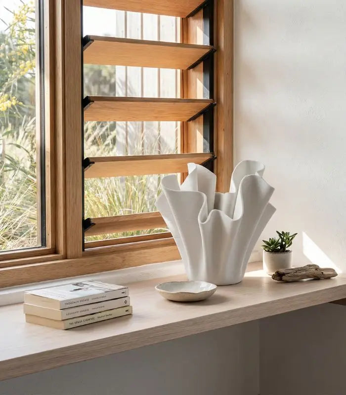 Textured Ribbon Ceramic Vase – Handcrafted Flowing Design