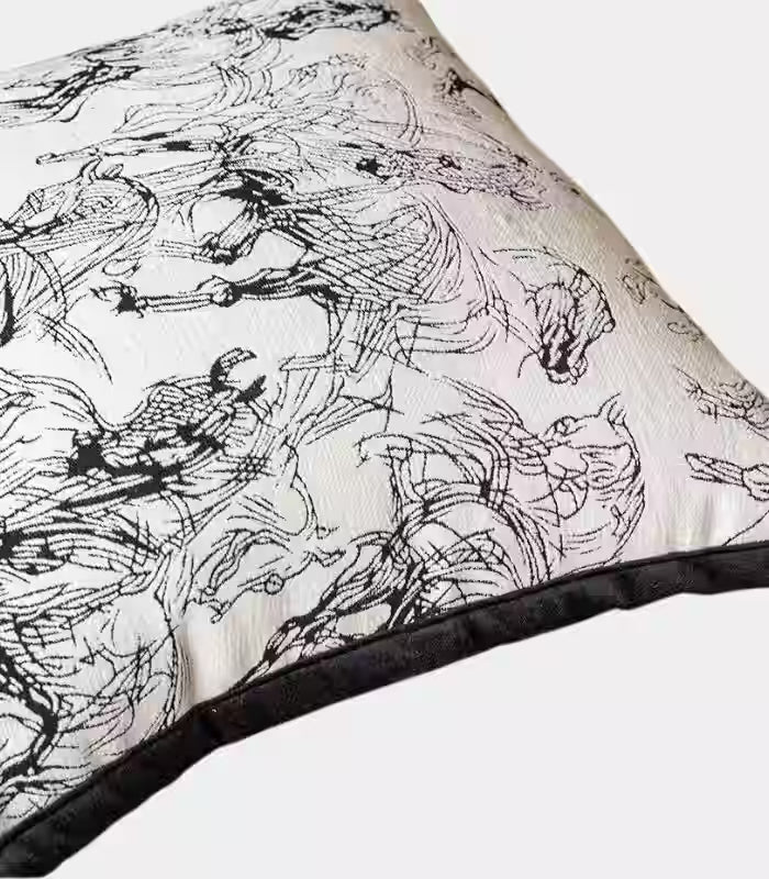 Equestrian Sketch Cushion Cover – Black and White Horse Study Jacquard Pillow Case 45x45 cm