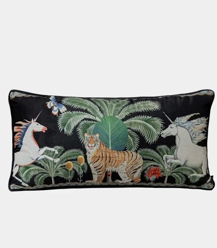 Safari Scene Cushion Covers – Velvet with Whimsical Animal Designs Black Multicolour