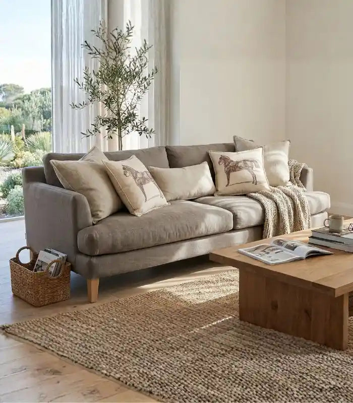 Equestrian Cushion Cover – Vintage Horse Print with Blanket Stitch Beige/Warm Cream