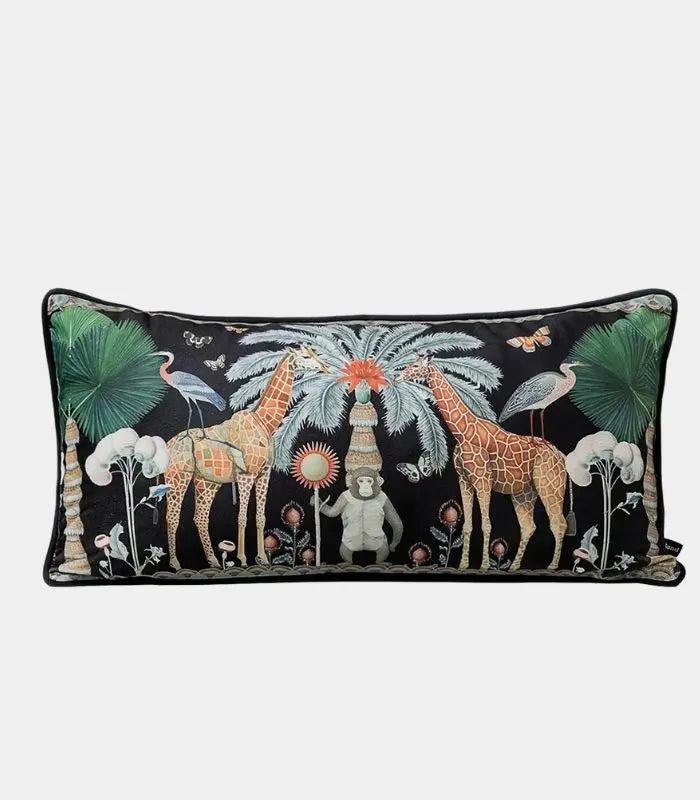 Safari Scene Cushion Covers – Velvet with Whimsical Animal Designs Black Multicolour