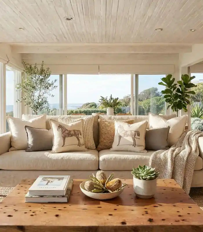 Equestrian Cushion Cover – Vintage Horse Print with Blanket Stitch Beige/Warm Cream