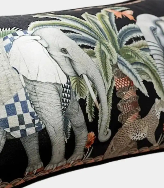 Safari Scene Cushion Covers – Velvet with Whimsical Animal Designs Black Multicolour