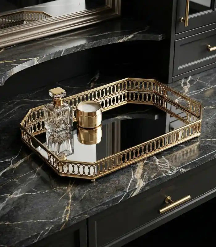 Vintage European Gold Mirror Metal Tray Rectangular 35cm