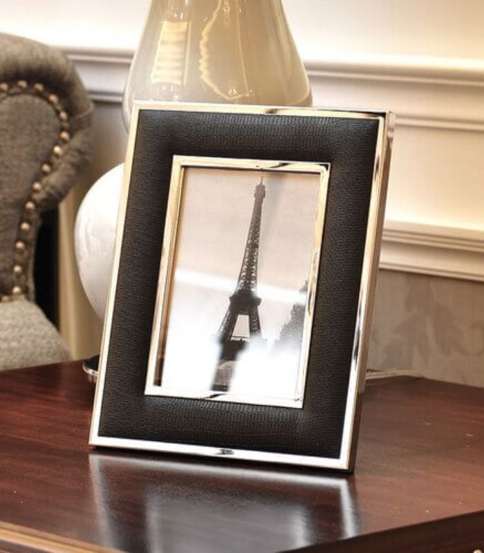 Photo Frame Black Faux Crocodile Leather and Stainless Steel