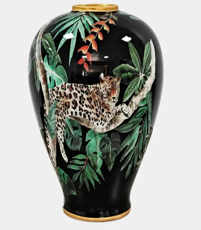 Amara Hand-Painted Porcelain Vase – Black Jungle Leopard Motif, Gilded Rim 42 cm / 16.5 in