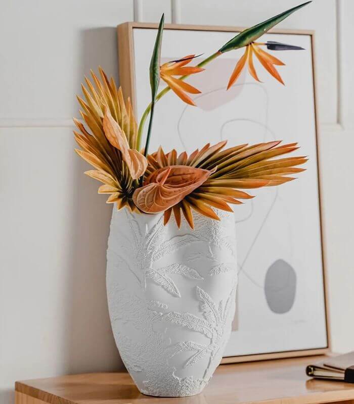 Large Ceramic Vase Embossed Tropical Palm 36 cm