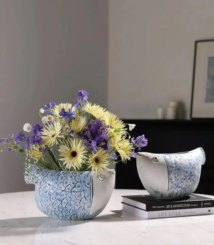 Artisan Fish Ceramic Planter/Vase – Handpainted Blue Scale Design