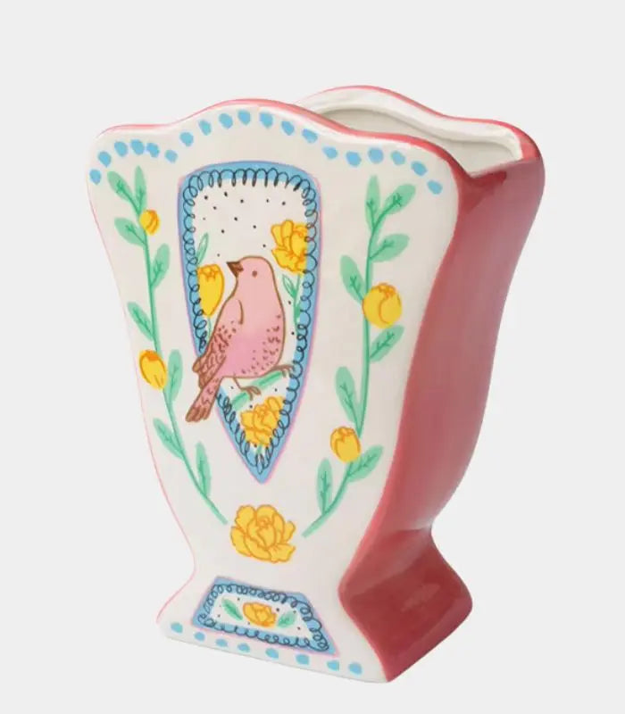 Han-decorated Pastel Bird Motif Fan Vase - Unique Ceramic Home Decor (20.7cm/8.15")