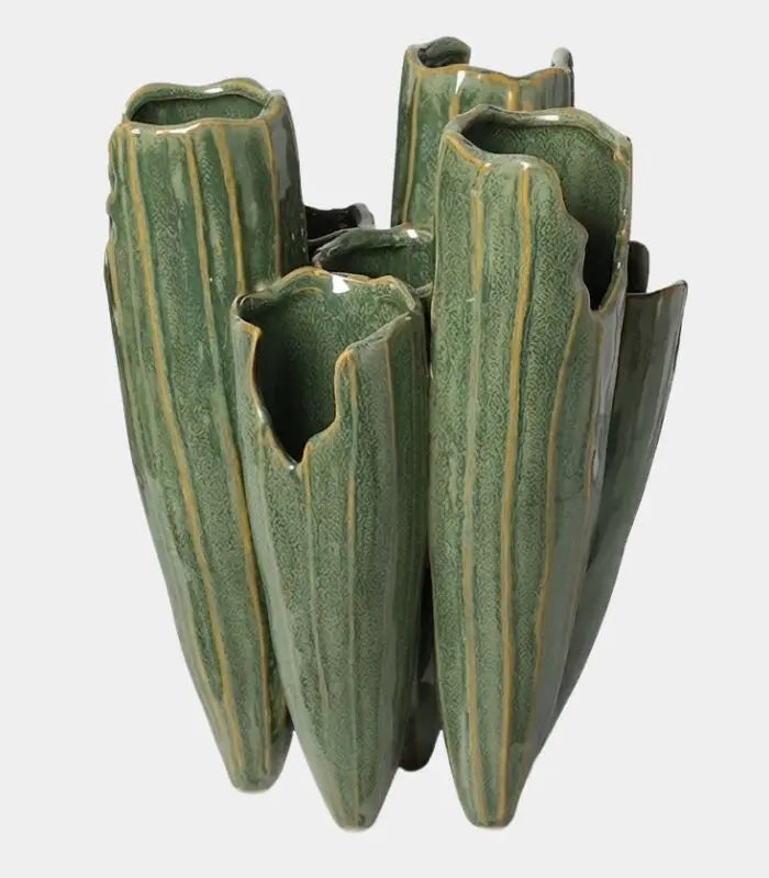 Jovienne Reactive-Glaze Porcelain Vase – Green Multi-Spout Sculptural Vessel, 2 Sizes