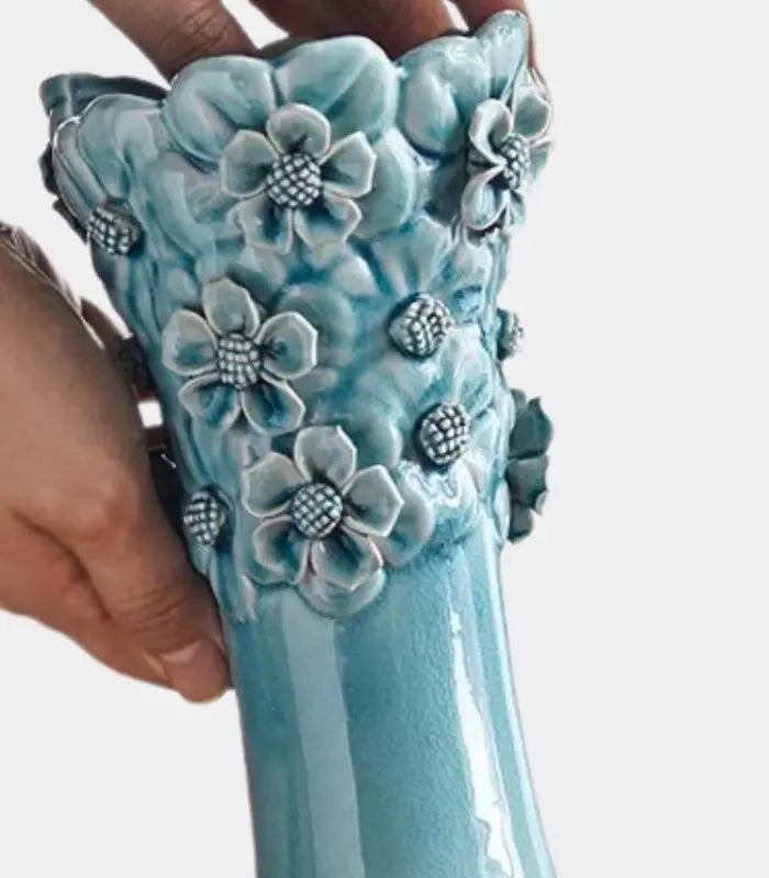 Flora Handcrafted Porcelain Flower Vase - 3D Floral Relief, Crackle Glaze Finish 19.5 cm