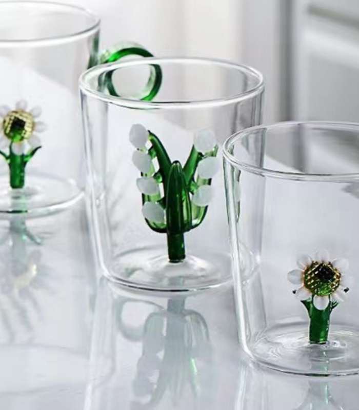 Set 4 Pcs Drinking Glass Lily Of The Valley Transparent Hand-Blown Glass 300ml
