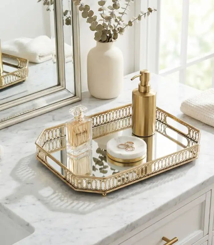 Vintage European Gold Mirror Metal Tray Rectangular 35cm