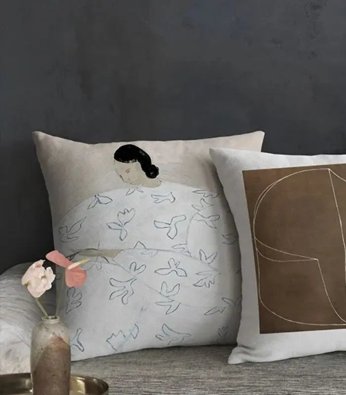 Art-Inspired Cushion Cover – Abstract Figure with Leaf Pattern