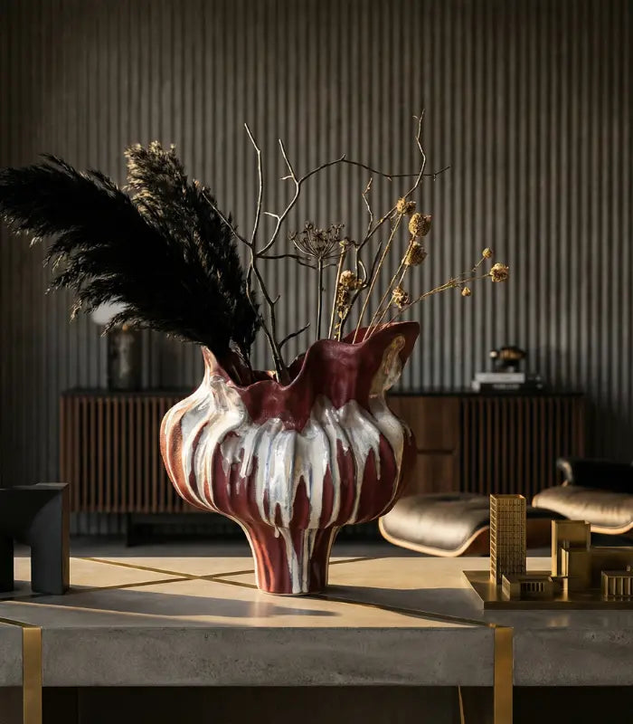 Verdant Ceramic Vase – Handcrafted Sculptural Design with Ombré Glaze Red Large 34 cm