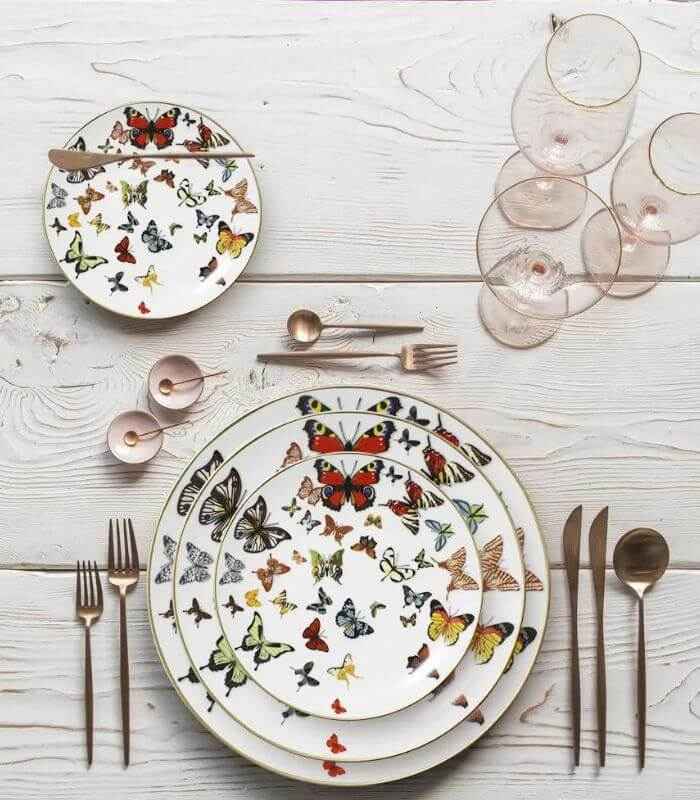 Tableware Ceramic Plates Gold Rim Butterfly White Bone Ceramic