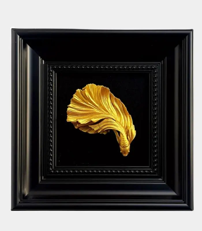 Elegant Betta Fish Wall Art - Hand-Painted Gold Sculpture in Black Wooden Frame