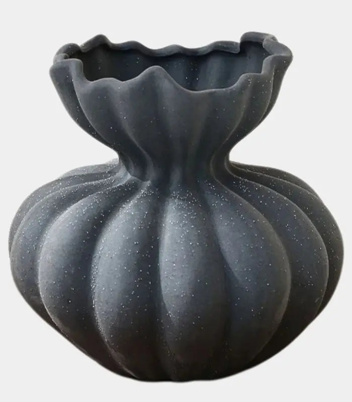 Delmara Sculptural Ceramic Vase – Ribbed Charcoal Design