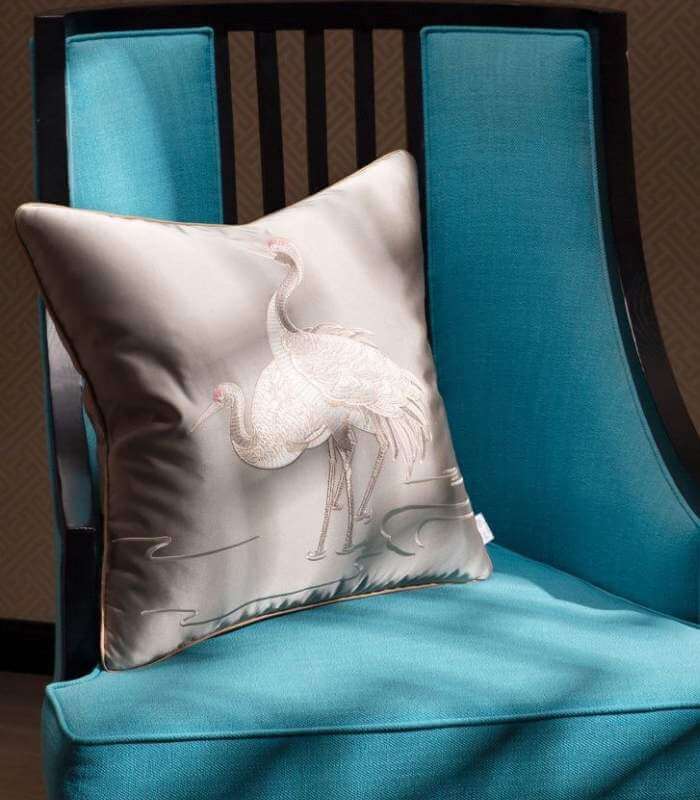 Cushion Cover Crane Embroidered Silk Sating 45x45cm