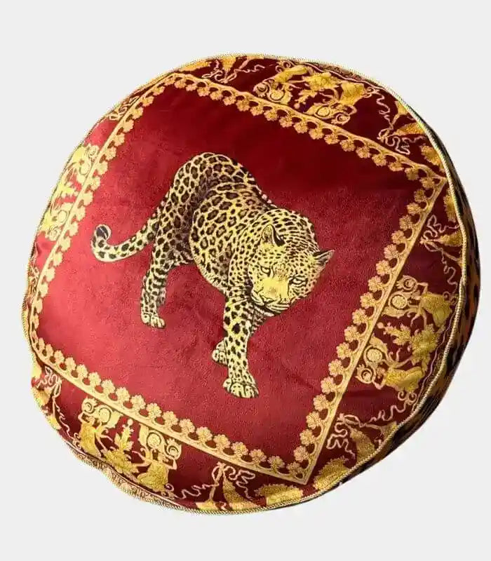 Leopard Velvet Cushion Cover - Regal Red & Gold, 45cm Round