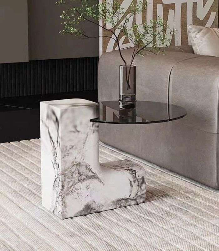 Elegant Modernist Marble and Glass Side Table 44 cm