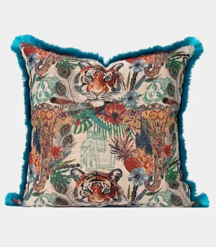 Tropical Tiger Jacquard Cushion Cover with Fringe