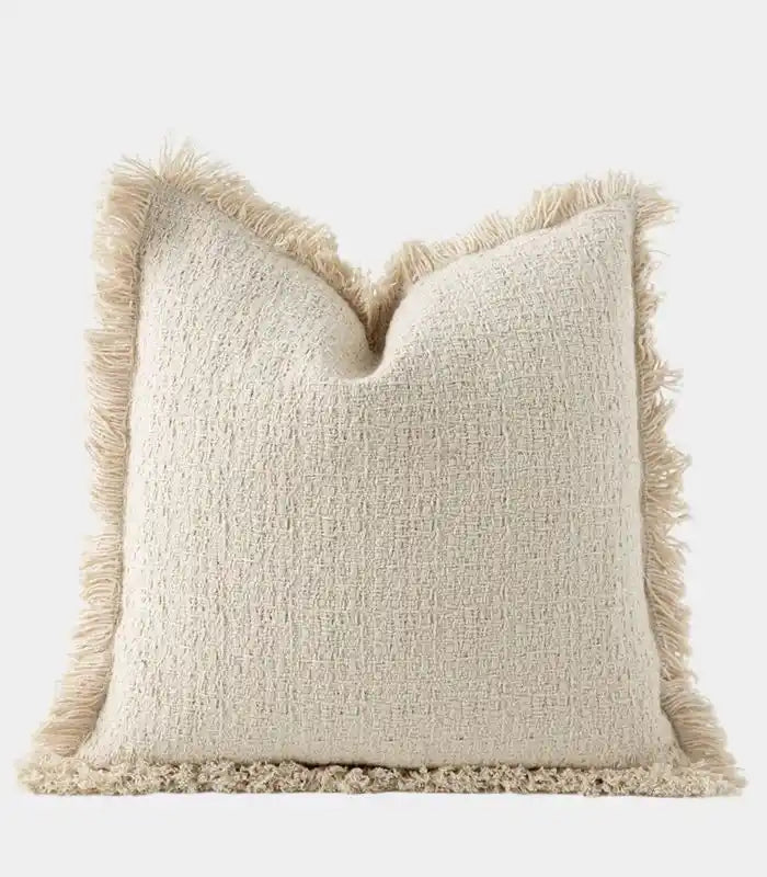 Rustic Elegance Woven Linen Cushion Cover with Fringe Trim 45x45cm