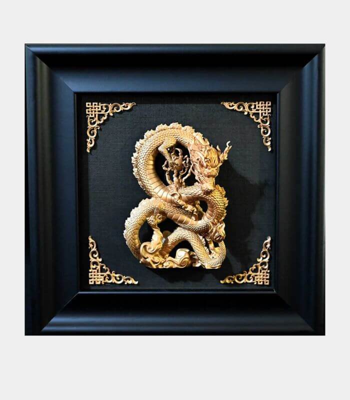 Majestic Xaden Dragon Wall Art in Black Wooden Frame– Golden Resin 12.7 x 12.7 cm