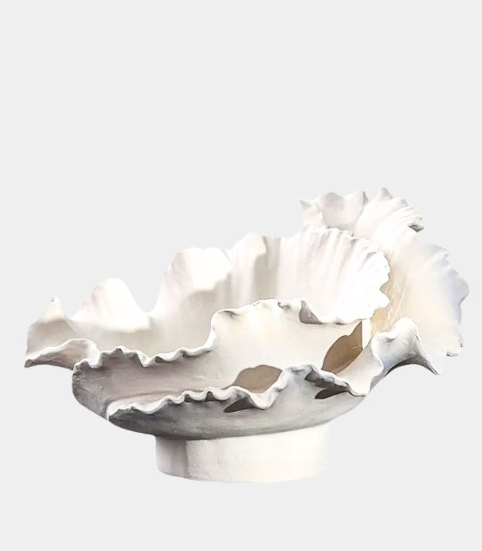 Royal Bloom Decorative Fruit Bowl - Handcrafted Wavy Ceramic Display Bowl 37.5 cm White