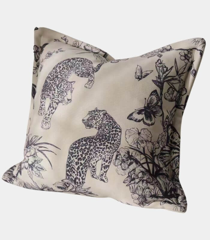 Leopard Print Cushion Cover with Botanical Design | Soft Plush Decorative Pillow Case