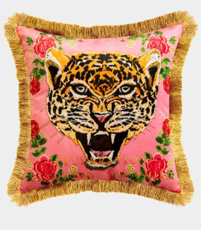 Pink Leopard Velvet Decorative Cushion Cover Fringed Edge Square 45 cm