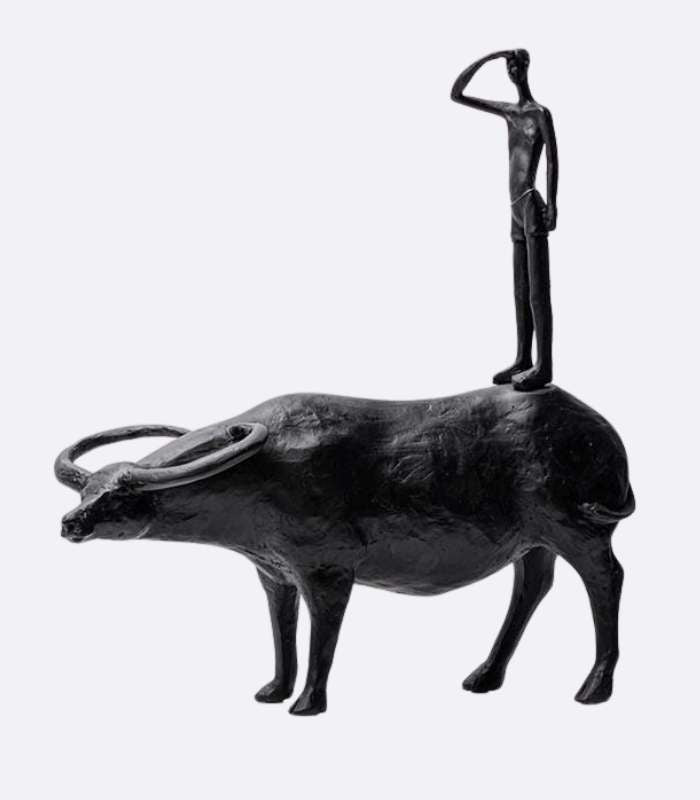 Modern Abstract Man and Bull Resin Sculpture - Striking Black Finish 37 cm