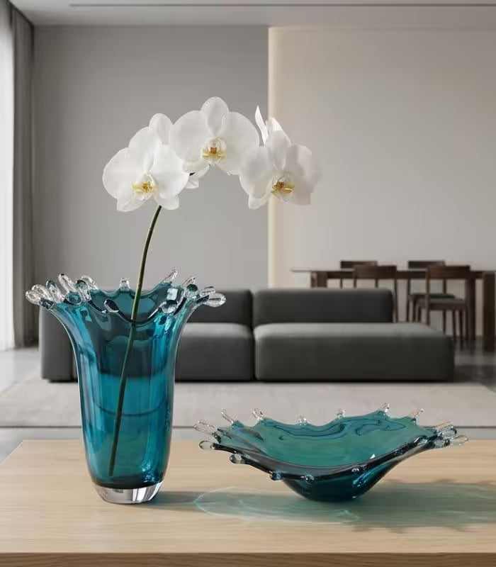 Cerelle Crystal Glass Centrepiece Bowl | Teal Blue Decorative Art Glass Bowl 40.5 cm / 15.9 in