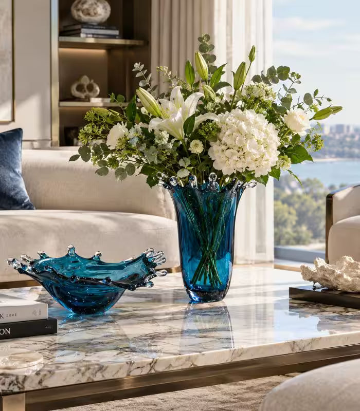 Cerelle Crystal Glass Vase | Teal Blue Decorative Flower Vase with Splash Rim 29.5 cm / 11.6 in