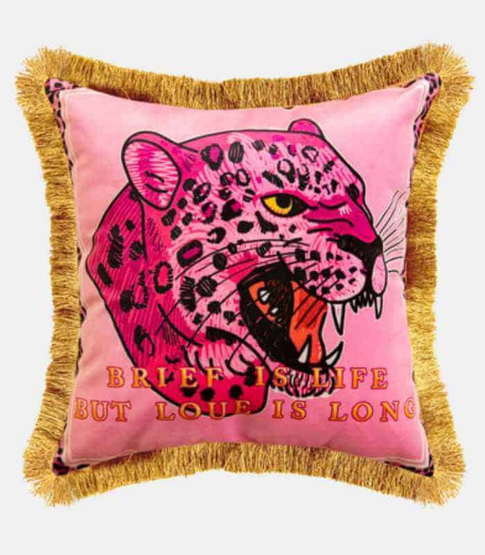 Pink Leopard Velvet Decorative Cushion Cover Fringed Edge Square 45 cm Pink & HotPink